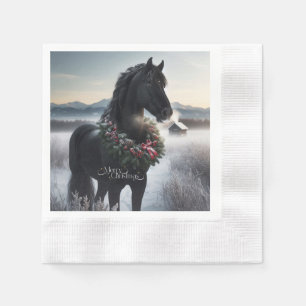 Serviette En Papier Cheval noir dans la neige avec couronne de Noël