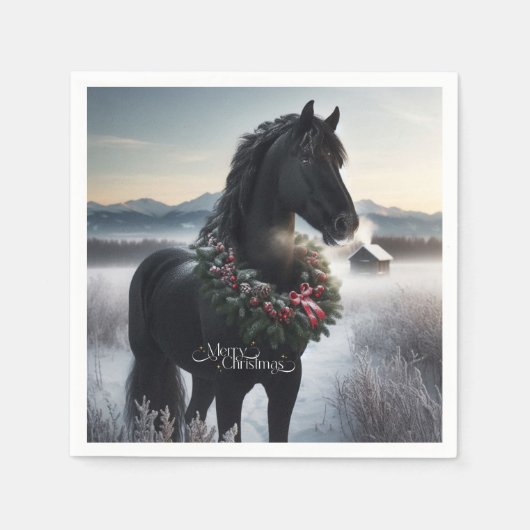 Serviette En Papier Cheval noir dans la neige avec couronne de Noël (Devant)