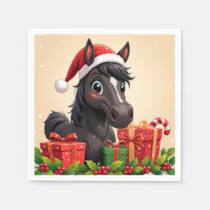 Serviette En Papier Cheval noir de dessin animé festif avec chapeau de