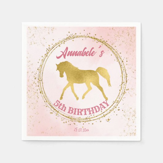 Serviette En Papier Cheval rose et or équestre sur mesure (Devant)