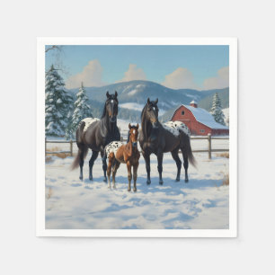 Serviette En Papier Chevaux Appaloosa noirs sur une ferme en hiver
