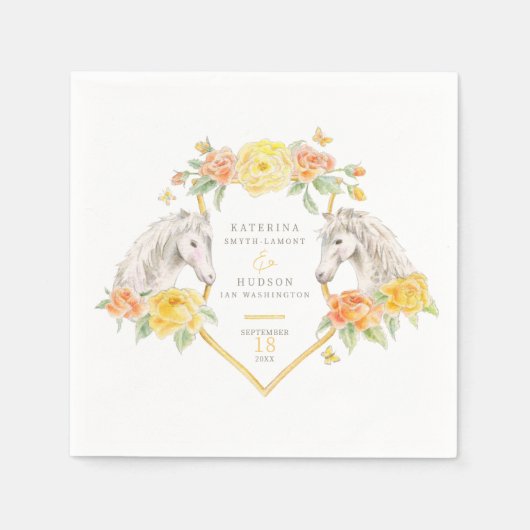 Serviette En Papier Chevaux gris et roses jaunes mariage monogrammé (Devant)