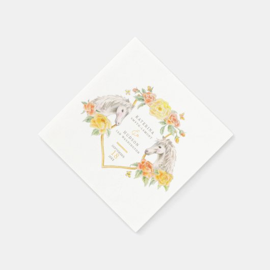 Serviette En Papier Chevaux gris et roses jaunes mariage monogrammé (Coin)