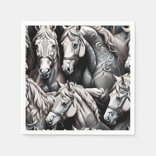 Serviette En Papier Chevaux Peinture détaillée en Art noir et blanc (Devant)
