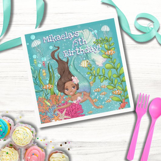 Serviette En Papier ChEVEUX Brown de sirène noire sous la mer Annivers