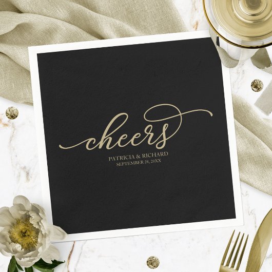 Serviette En Papier Cheveux - Mariage noir de script or chic