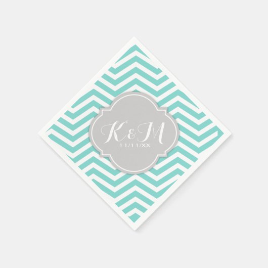 Serviette En Papier Chevron bleu turquoise et blanc avec Monogramme (Coin)