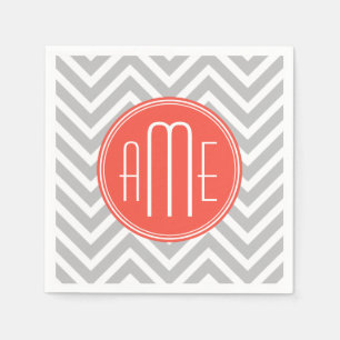 Serviette En Papier Chevron Gris et Monogramme Personnalisé Corail
