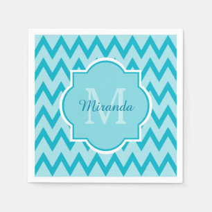 Serviette En Papier Chevron Zigzag Nom et Monogramme tendance Turquois