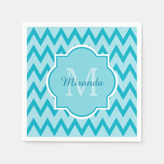 Serviette En Papier Chevron Zigzag Nom et Monogramme tendance Turquois (Devant)