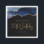 Serviette En Papier Chic Agate Geode Blue Gold 90th Birthday Party<br><div class="desc">Ces serviettes en papier chic et glamour du 90ème anniversaire de fête ont une image aquarelle d'une géode d'agate dans les tons bleus avec des reflets de parties scintillant d'or. Les mots "90th Birthday" apparaissent dans la parties scintillant en faux or dans une police décorative moderne d'écriture manuscrite. Customisez-le avec...</div>