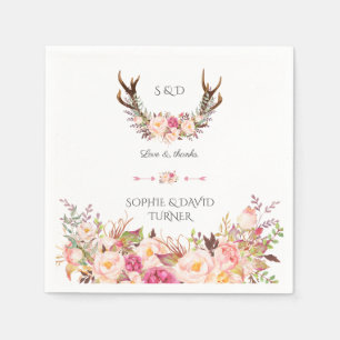 Serviette En Papier Chic Aquarelle rose Blush Floral Antlers Mariage