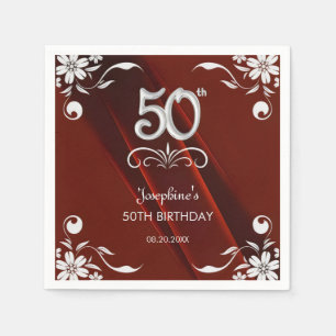 Serviette En Papier Chic Argent Cadre Floral Bourgogne 50e anniversair
