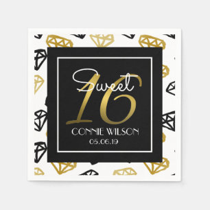 Serviette En Papier Chic Black & Gold Diamond 16e anniversaire personn