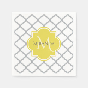 Serviette En Papier Chic Blanc Gris Quatrefoil Jaune Nom Monogramme