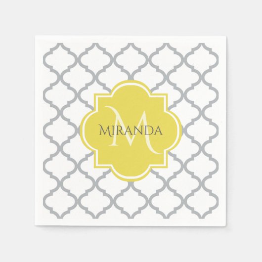 Serviette En Papier Chic Blanc Gris Quatrefoil Jaune Nom Monogramme (Devant)