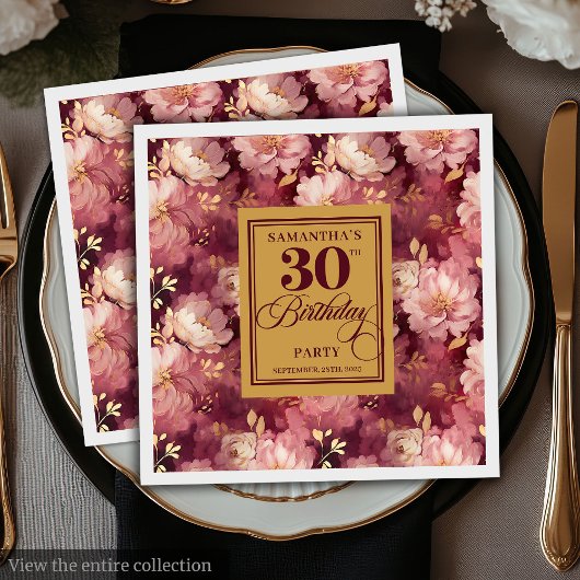 Serviette En Papier Chic Bourgogne Blush Gold Aquarelle 30e anniversai