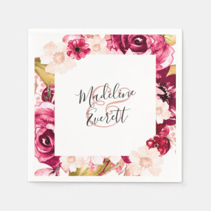 Serviette En Papier Chic Bourgogne Vert & Rose Blush Monogramme Mariag