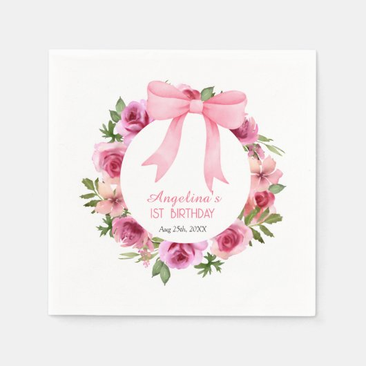 Serviette En Papier Chic Bow rose Rose Floral Anniversaire (Devant)