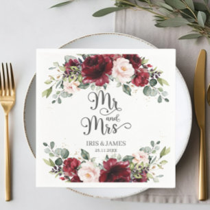 Serviette En Papier Chic Burgundy Blush Rose Floral Mariage Mr & Mrs.