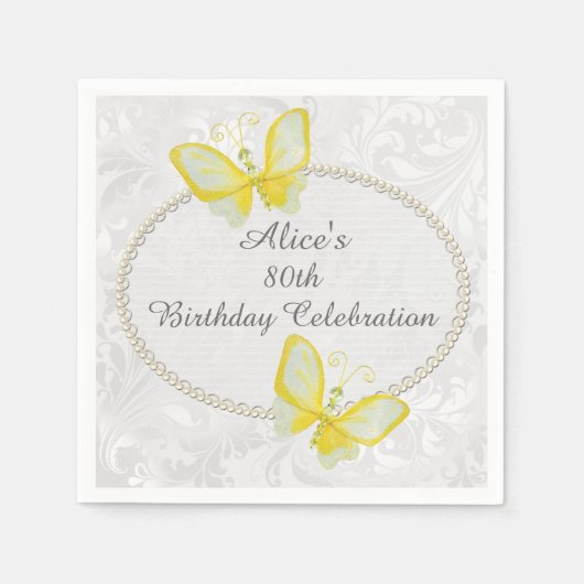 Serviette En Papier Chic Butterflies Damask 80e anniversaire Personnal (Devant)
