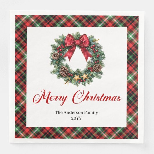 Serviette En Papier Chic Christmas Wreath with Red Green Plaid Napkins (Devant)