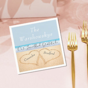Serviette En Papier Chic Dusty Blue Beach Mariage 2 Coeurs dans le sab