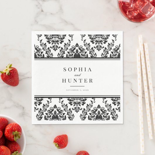 Serviette En Papier Chic Elegant Black White Mariage damassé (En situation)