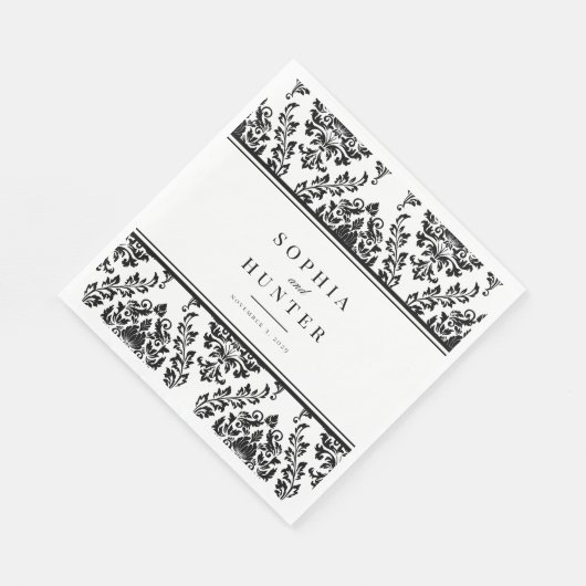 Serviette En Papier Chic Elegant Black White Mariage damassé (Coin)