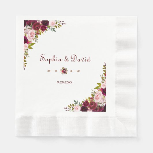 Serviette En Papier Chic Elegant Bourgogne Marsala Floral Mariage (Devant)