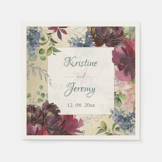 Serviette En Papier Chic Floral Marsala Rose Aquarelle Mariage or (Devant)