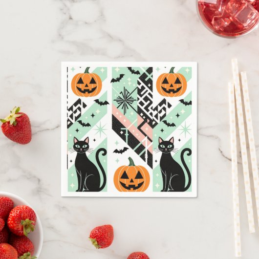 Serviette En Papier Chic Geometric Pastel Black Cat Pumpkin Halloween (En situation)