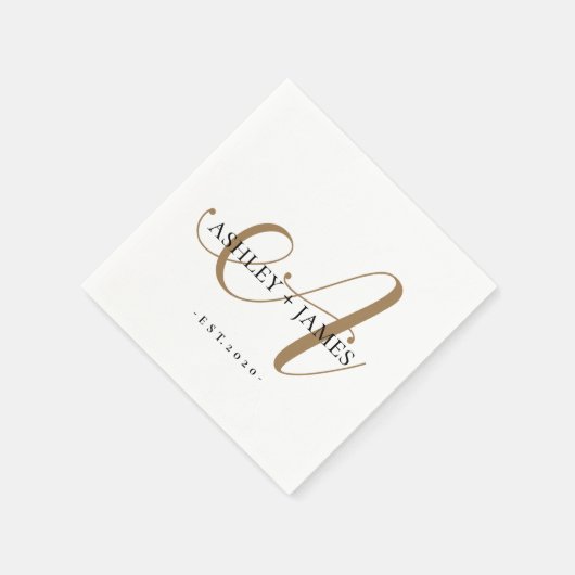 Serviette En Papier Chic Gold A Monogramme Nom du script Mariage Date (Coin)