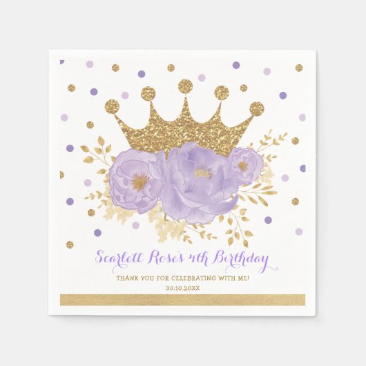 Serviette En Papier Chic Gold Couronne violet Floral Princess (Devant)