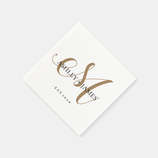 Serviette En Papier Chic Gold M Monogramme Nom du script Mariage Date (Coin)