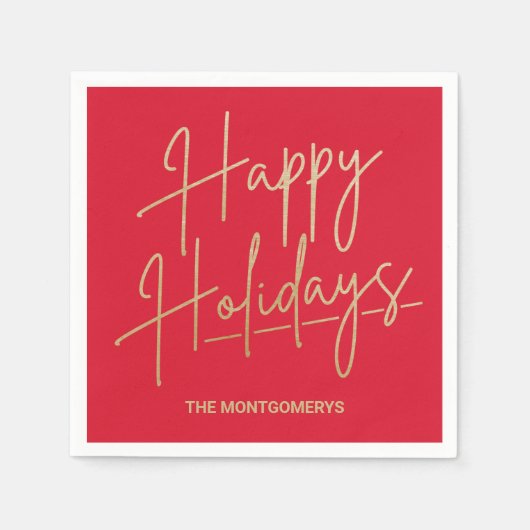 Serviette En Papier Chic Gold Script Happy Holidays Red (Devant)