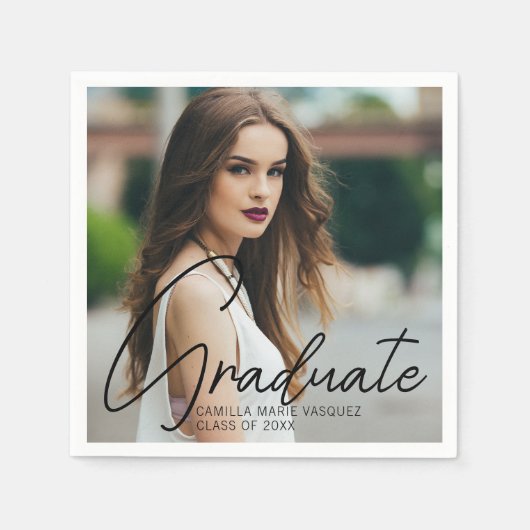 Serviette En Papier Chic Graduation Photo Black Script Overlay Party (Devant)