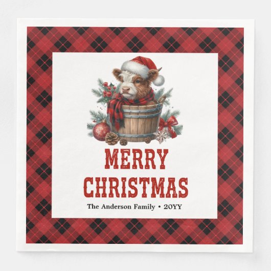 Serviette En Papier Chic highland cow red black plaid festive napkins (Devant)