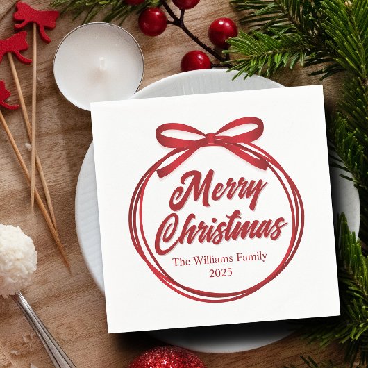 Serviette En Papier Chic Joyeux Noël Script Red Ribbon Bow Party
