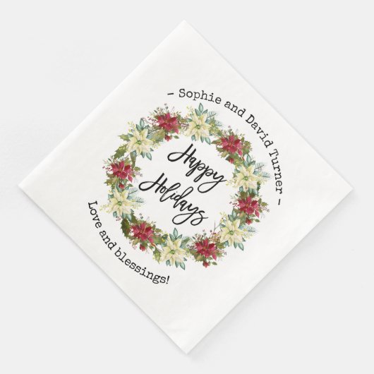 Serviette En Papier Chic Joyeux Vacances Script Poinsettia Monogramme (Coin)
