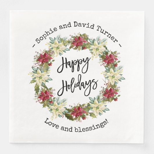 Serviette En Papier Chic Joyeux Vacances Script Poinsettia Monogramme (Devant)