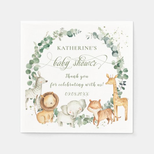Serviette En Papier Chic Jungle Animaux Verdure Baby shower neutre (Devant)