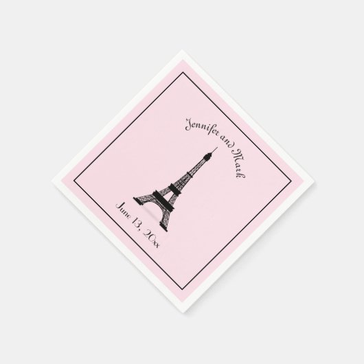 Serviette En Papier Chic Mariage Tour Eiffel en noir et rose (Coin)