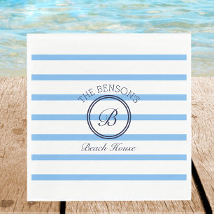 Serviette En Papier Chic Monogram Blue Stripes Nom de famille Beach Ho