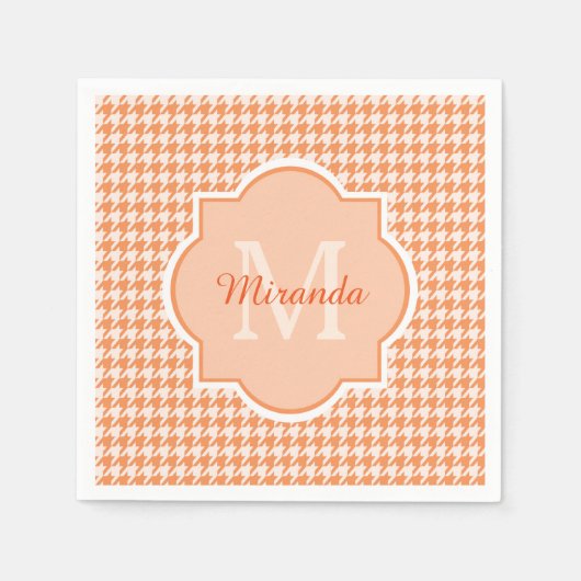 Serviette En Papier Chic Monogram Orange Houndstooth Avec Nom (Devant)