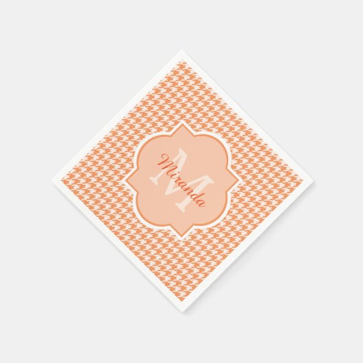 Serviette En Papier Chic Monogram Orange Houndstooth Avec Nom (Coin)