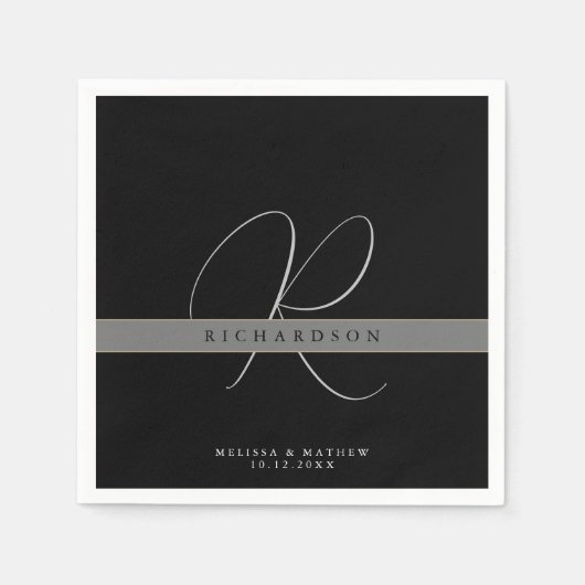 Serviette En Papier Chic Monogramme Initiale Nom Gris Charbon Noir (Devant)