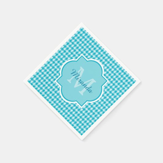 Serviette En Papier Chic Monogramme Turquoise Houndstooth Avec Nom (Coin)