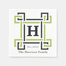 Chic Néo Citron Vert Noir Monogramme Nom De Famill