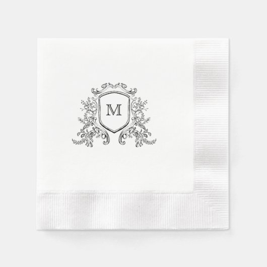 Serviette En Papier Chic Noir & Blanc Crest Monogram Mariage Napkin (Devant)